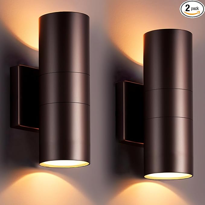 wowlite Modern Outdoor Wall Light with Dusk to Dawn Sensor 2 Pack, LED Cylinder Up Down Wall Light Outdoor 2700K Warmlight Bronze Exterior Light Fixture, IP65 Waterproof Wall Sconce for Porch Garage