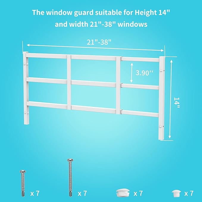 Fixed Window Safety Guard 14”x 38” Adjustable Width Prevents Accidental Falls, Non-Egress, Tamper Resistant Screws Included, White, Single Pack