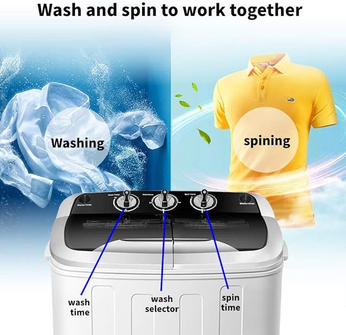 Waterjoy Portable Washing Machine, 13lbs Capacity Twin Tub Mini Washer and Dryer Combo for Apartments, Dorms, RVs, Black and White