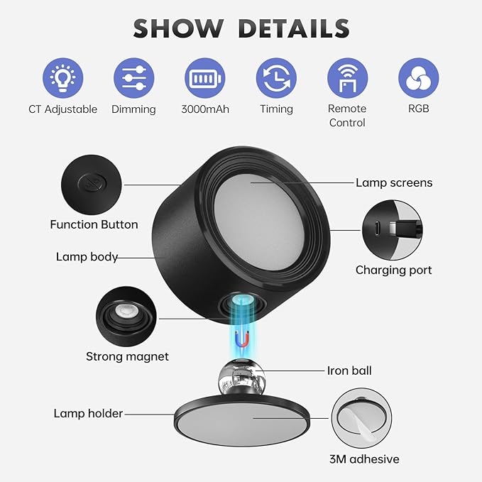 LED Wall Lights with Remote, 1 Pack RGB Rechargeable Wall Mounted Reading Sconces Lamp 3000mAh, 3 Colors & Dimmable Magnetic 360° Rotation Cordless Wall Lighting Spotlights for Bedroom Bedside Hallway