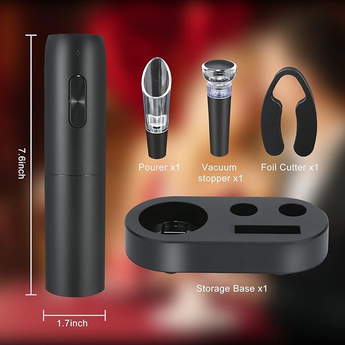 Electric Wine Bottle Opener Set with Charging Base- Black, Automatic Wine Bottle Opener with Led Light, Rechargeable Corkscrew Kit with Aerator，Foil Cutter，Stoppers