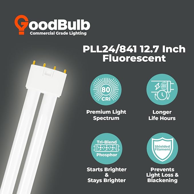 GoodBulb PLL24/841 24W 12.7" Twin Tube Compact Fluorescent Light Bulb 4-pin 2G11 Base 4100K Cool White 1500 Lumen 36000 Hour Long Life Biax Pack of 10