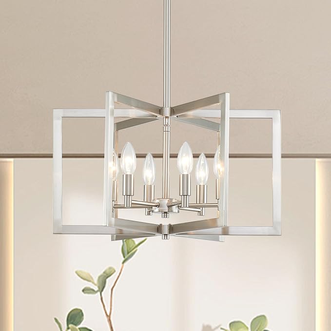 Brushed Nickel Chandelier 6-Light, Dining Room Light Fixture Geometric Metal Modern Chandelier Lighting for Kitchen Island Living Room Entryway, 20 Inch Pendant Lighting Hanging Ceiling Lamp