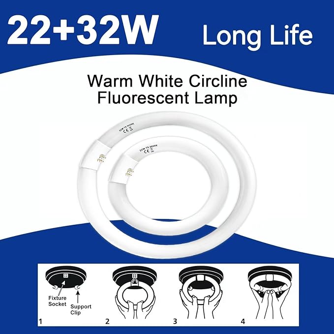 FC12T9/WW 32 Watt and FC8T9/KB 22W Set, 8 inch T9 22W and 12'' 32W Circular Fluorescent Light Bulbs Warm White, Circle Light Bulb 3000K, FC12T8/WW 3500 Lumen G10Q Base