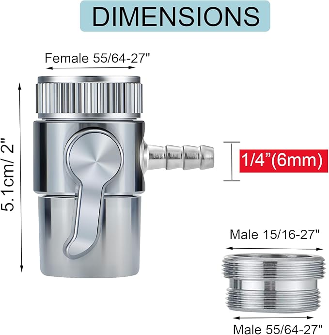 2 Pack Countertop Water Filter Diverter Valve with Barb Connector, Faucet Diverter Adapter for 6mm, 8mm, 9.5mm Tubing or Hose, Compatible with Standard Kitchen Faucets