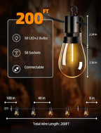 Outdoor Patio String Lights: S14 Shatterproof Bulb Outside Waterproof Light - 200Ft 60M Remote Dimmable Connectable Hanging Outdoor Electric Lighting - Garden Backyard Yard Gazebo Porch Party