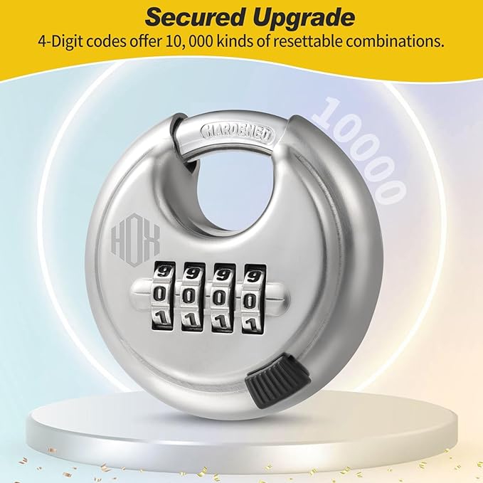 HOX Combination Lock, 4 Digit Disc Padlock with 3/8 Inch Hardened Steel Shackle, 2-3/4 Inch Wide Body, Keyless Heavy Duty Combo Lock for Hasp Latch, Sheds, Fences, Storage Locker (8 Pack)