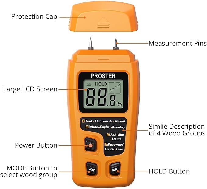 Proster Wood Moisture Meter - Digital Moisture Detector Moisture Tester, Pin-Type Moisture Detector Damp Tester for Wood Firewood Paper Floor