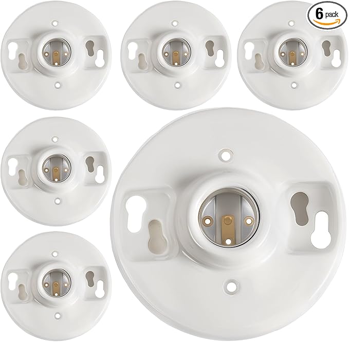 6 Pcs Medium Base E26 Lamp Holder Ceiling Light Sockets White Bulb Socket Incandescent Fluorescent CFL Lamp Holder 660w 250v (Porcelain)