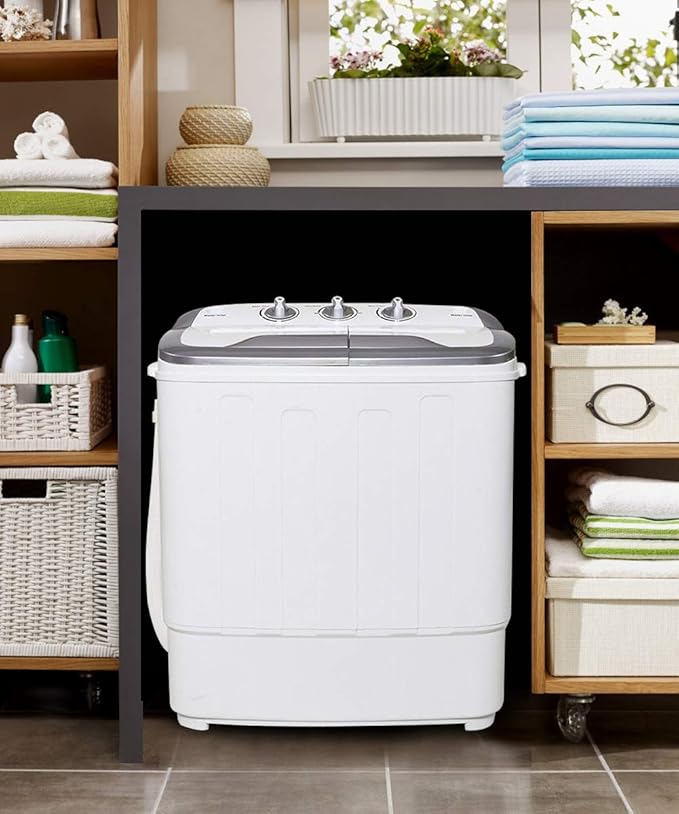 Clothes Washing Machines,SAFEPLUS Compact Mini Twin Tub Versatile Washer Machine with 8 lbs Washing &5 lbs Spin Dryer Load Capacity Gravity Drain Pump and Drain Hose for Apartment