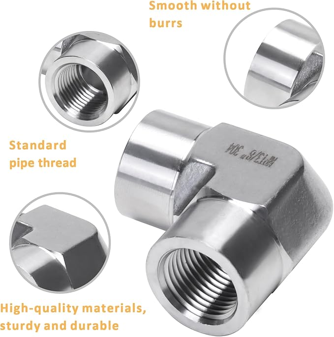 90 Degree Street Elbow - 3/8" NPT Female to 3/8" NPT Female Stainless Steel 304 Heavy Duty Forged Barstock Street Elbow Adapter Pipe Fitting (pack of 5)