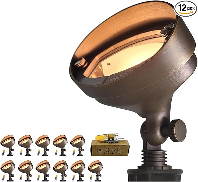 COLOER Die-cast Brass LED Landscape Flood Lights Outdoor 12-Pack with G4 Bulb, 2W 12-15 Volt Low Voltage Wall Wash Lighting, Outdoor Floodlight for Illuminating Signs, Walls and Plant Material(501B)