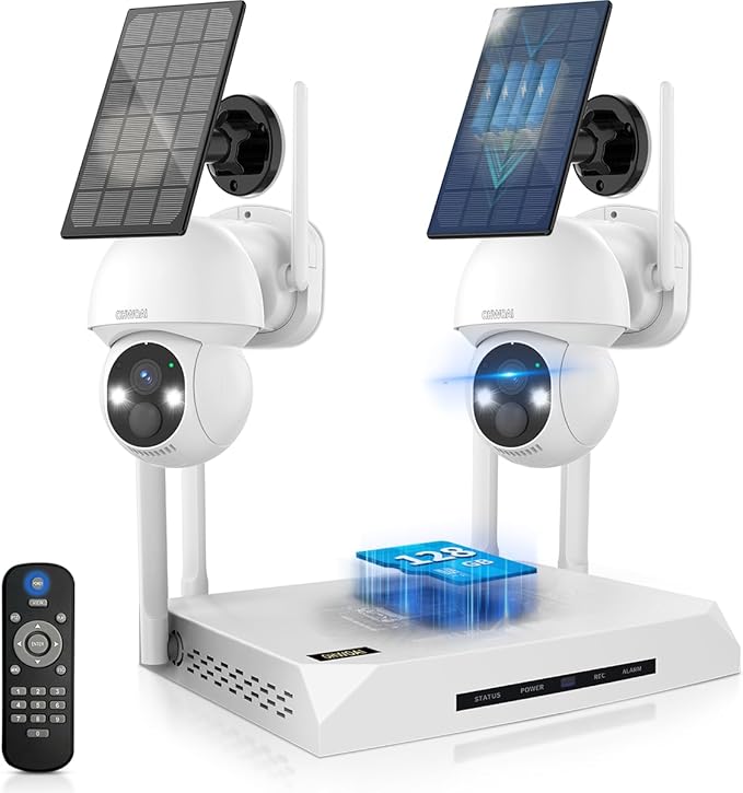 《100% Solar Powered & 2-Way Audio》Outdoor Wireless PTZ Camera System, 4MP Solar Powered Battery Cameras,Home Video Surveillance DVR Kits