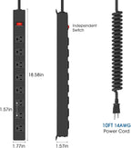2Pack 8 Outlet Metal Wall Mount Power Strip, Mountable Outlet with Switch, Heavy Duty Wide Spaced Surge Protector, 10 FT SJT 14AWG Black Spring Cord.