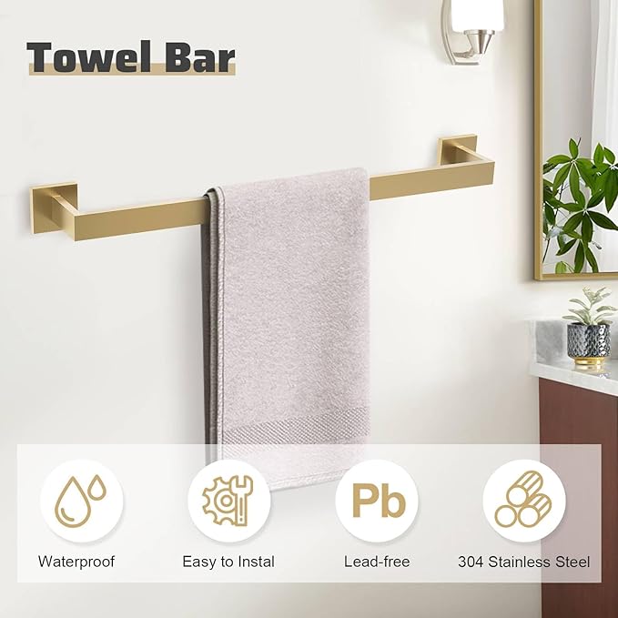TNOMS 5-Piece Towel Bar Set Brushed Gold Bathroom Hardware Accessories Set Includes Upgraded Double Base Toilet Paper Holder,Modern Square Towel Holder Set Stainless Steel Wall Mount 23.6 Inch