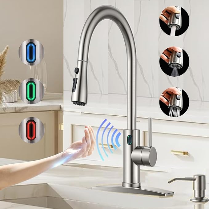Touch-Less Kitchen Faucet, 3 Modes Pull Down Sprayer,LED Temperature Control,Sensor Activated,Ceramic Valve, 360-Degree Rotation,1 or 3 Hole Deck Plate.10-Year Warranty. (KW-78SN,Brushed Nickel)