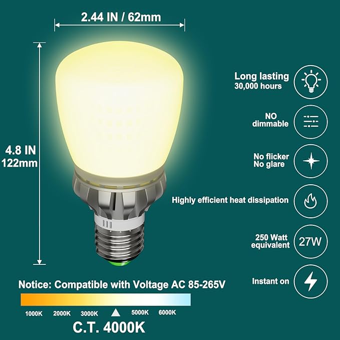 LED Light Bulbs A19 250 Watt Equivalent, Bright E26 LED Bulbs 3670LM Neutral White 4000K, 27W LED Corn Light Bulb Non-Dimmable 2-Pack