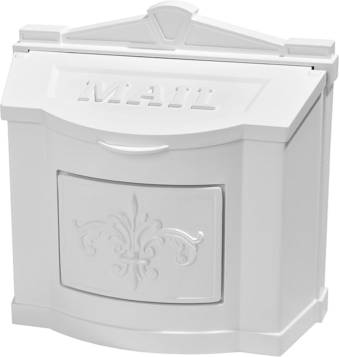 Gaines Wallmount Mailbox - Powder Coated Aluminum with Solid Brass Accents - Mounting Hardware Included (White with White Fleur De Lis)