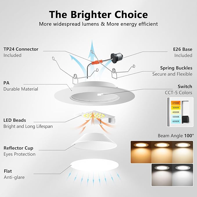 LVWIT 6 inch LED Recessed Lighting, Slim Can Lights with White Cover, 5CCT Color Selectable, Dimmable Downlight with E26 Conversion Kit, 18 Pack