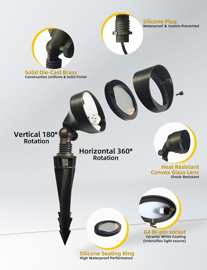 COLOER Die-cast Brass LED Landscape Flood Lights Outdoor 12-Pack with G4 Bulb, 2W 12-15 Volt Low Voltage Wall Wash Lighting, Outdoor Floodlight for Illuminating Signs, Walls and Plant Material(501B)