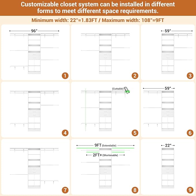 Closet System - 4.75-8FT Closet Organizer System with Wooden Drawers & Cube Storage Organizer, Up To 96" Closet Systems for Nursery & Walk-In Closets with Cuttable Hanging Shelving, White