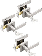 3 Pack Entry Door Levers with Lock and Key, Brushed Nickel Keyed Alike Lockset Combo Pack, Entrance Door Handles for Office and Front Door, Door Knobs Lockset (Each with 3 Keys)