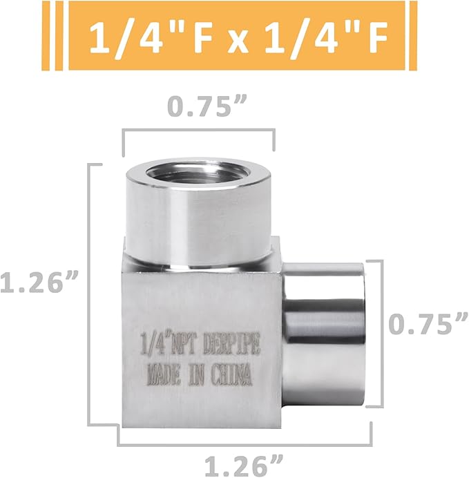 90 Degree Street Elbow - 1/4" NPT Female to 1/4" NPT Female Stainless Steel 304 Heavy Duty Forged Square Barstock Street Elbow Adapter Pipe Fitting (pack of 5)