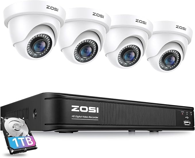 ZOSI 3K 5MP Lite H.265+ Home Security Camera System, 8 Channel Surveillance DVR with AI Human Vehicle Detection and 4 x 1080p Weatherproof CCTV Dome Camera Outdoor Indoor, 80ft Night Vision, 1TB HDD