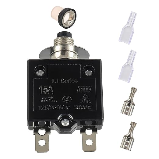 15A Manual Reset Push Button Circuit Breaker 125/250V AC 50V DC Thermal Overload Protector with Quick Connect Terminals and Waterproof Button Caps Assortment Kit(Pack of 1 pcs)