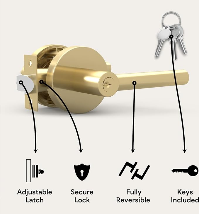 Mega Handles Ronn Entrance Entry Lever Door Handle Heavy Duty Round Locking Lever Set for Left or Right-Handed Doors, Interior/Exterior Door Levers - Satin Brass