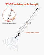 VEVOR Leaf Rake, 15 Metal Tines, Adjustable Garden Rake for Lawns with 7.5-22.4 Inch Wide Head & 32-63 Inch Long Handle, Heavy Duty Stainless Steel Small Leaves Tool for Gardening Camping Yard Grass