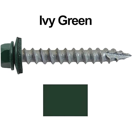 #14 Metal ROOFING SCREWS: (250) Screws x 1-1/2" IVY GREEN/FOREST GREEN Hex Head Sheet Metal Roof Screw. Self starting/tapping EPDM washer. Colored head for corrugated roofing