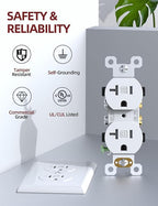 AIDA 20 Amps Outlets Duplex Electrical Receptacle Outlets,Tamper Resistant,Heavy-Duty Receptacle Wall Outlet,Residential,TR,3-Wire, Self-Grounding Clip,Wall Plate Included,UL Listed (20 Pack, White)