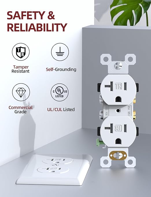 AIDA 20 Amps Outlets Duplex Electrical Receptacle Outlets,Tamper Resistant,Heavy-Duty Receptacle Wall Outlet,Residential,TR,3-Wire, Self-Grounding Clip, NEMA 5-20R,UL Listed (10 Pack, White)