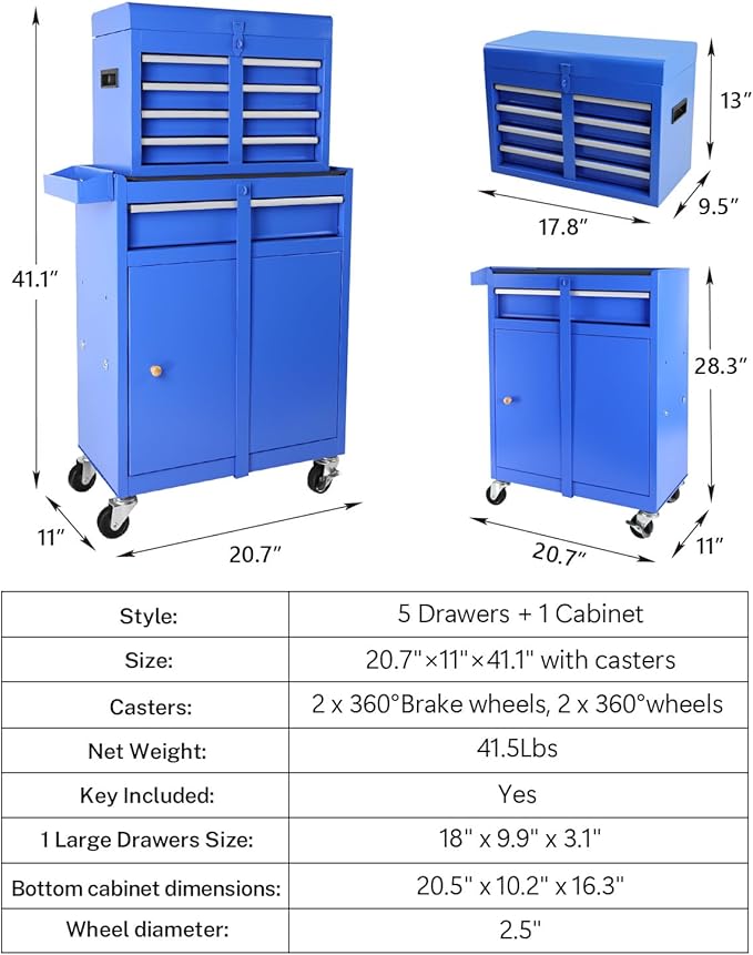 2 in 1 Tool Chest with 5 Drawers, Tool Cart with 7 Organizer Tray Divider Set & Wheels, Large Rolling Tool Box Organizer for Garage, Workshop, Home Crafts