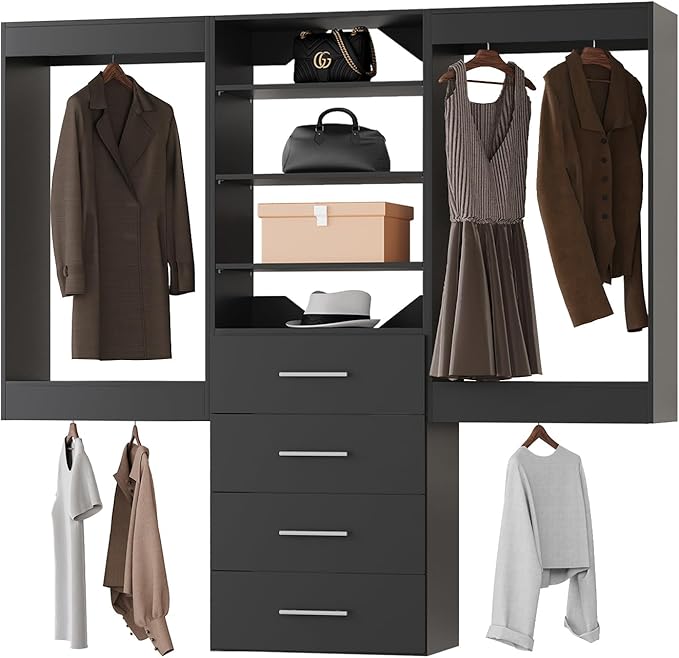 Modular Closet, 78" Wide Organizer with Hanging & Drawers, Wood Tower Storage for Walk-In Closets, Wall-Mounted Wardrobe Kit, Black