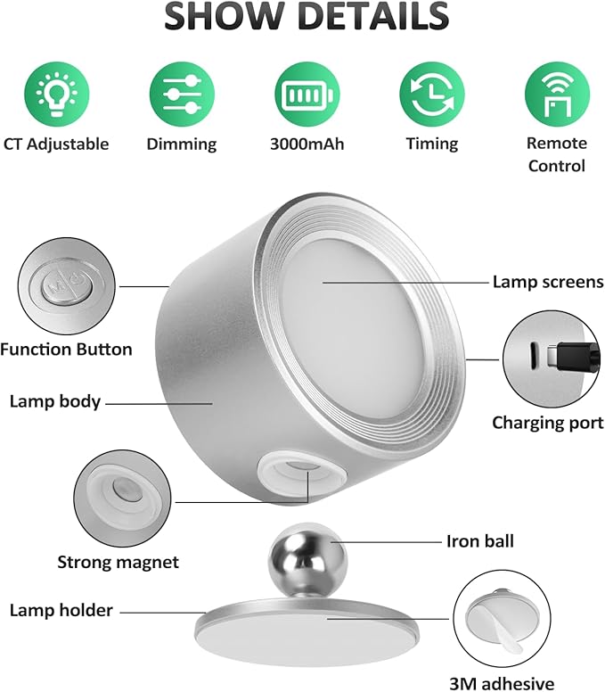 Lightbiz LED Reading Lights, Wall Lights Sconces 2 Pcs with Remote Rechargeable Battery Operated, 3 Color Temperatures & Dimmable Light Magnetic Ball 360°Rotation, Lamps for Study Bedside Closet