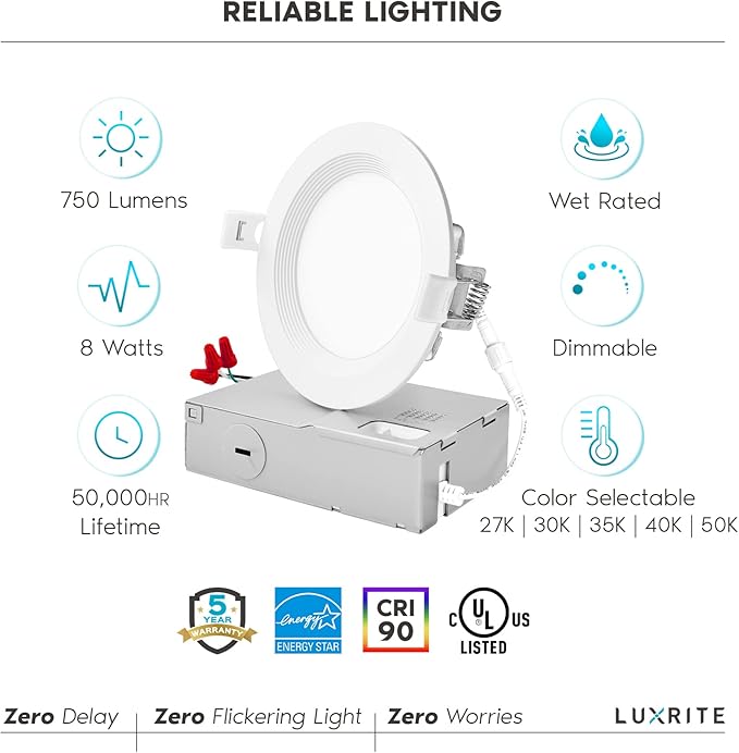 LUXRITE 12-Pack 4 Inch Ultra Thin LED Recessed Lighting, 10.5W, 5 Color Selectable 2700K | 3000K | 3500K | 4000K | 5000K, CRI 90, 750 Lumens, Dimmable LED Wafer Lights, Wet Rated, Baffle Trim
