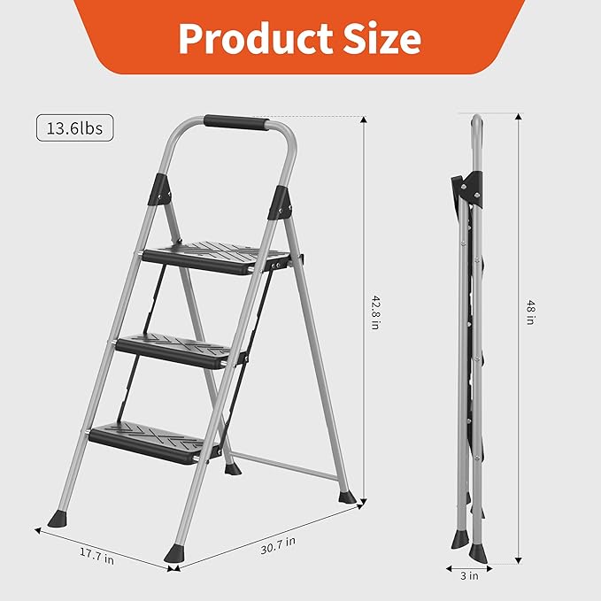3 Step Ladder, Folding Step Stool with Anti-Slip Wide Pedal, Soft Handle, Anti-Slip Feet, Sturdiest Steel Construction, 900lbs Capacity Steel Ladder for Home and Office, Grey