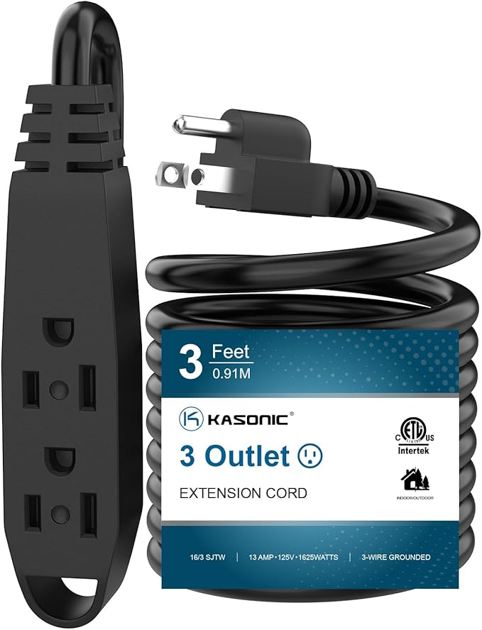 K KASONIC - 3-Feet 3 Outlet Extension Cord, UL Listed, 16/3 SJTW 3-Wire Grounded, 13 Amp 125 V 1625 Watts, Multi-Outlet Indoor/Outdoor Use, Black