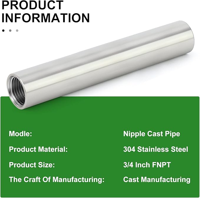 TAISHER 2PCS Stainless Steel Pipe Fittings, 3/4" NPT x 3/4" NPT Female Threaded, 6" Length Nipple Cast Pipe