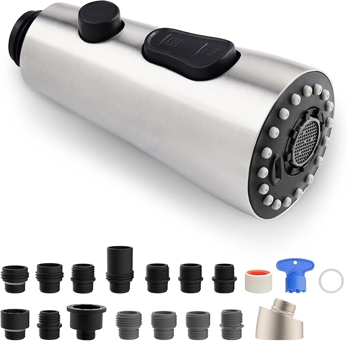 iFealClear Universal Metal Kitchen Faucet Head Replacement, Pull Down Kitchen Sink Faucet Sprayer Head, Compatible with Moen, Delta, American Standard Faucets,15 Adapters, 3 Modes, Brushed Nickel