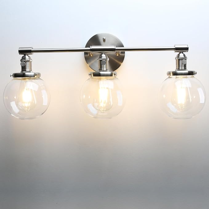 Phansthy 3-Light Wall Sconces Antique Brass Vanity Light, Industrial Wall Lamps with On Off Switch and Clear Glass Lampshade, Vintage Wall Lighting for Bathroom Living Room (Brushed, Globe Shade)