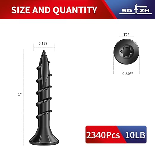 #8 x 1 Inch Deck Screws (2340Pcs) 10lb. Exterior Wood Screws. Carbon Steel, Black, Flat Head, Rust Resistant epoxy Coated, with T25 Star Bit