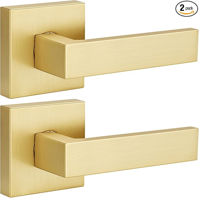 EHOMEWARE 2 Pack Gold Dummy Door Handles, Interior Door Lever Single Sided Rear Mount, Heavy Duty Satin Brass French Closet Door Knobs