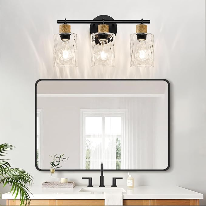 2025 Upgrade Bathroom Light Fixtures, 3-Light Coastal Vanity Lights with Crystal Glass Shade, Black Bathroom Wall Lamp for Mirror Kitchen Hallway Cabinet