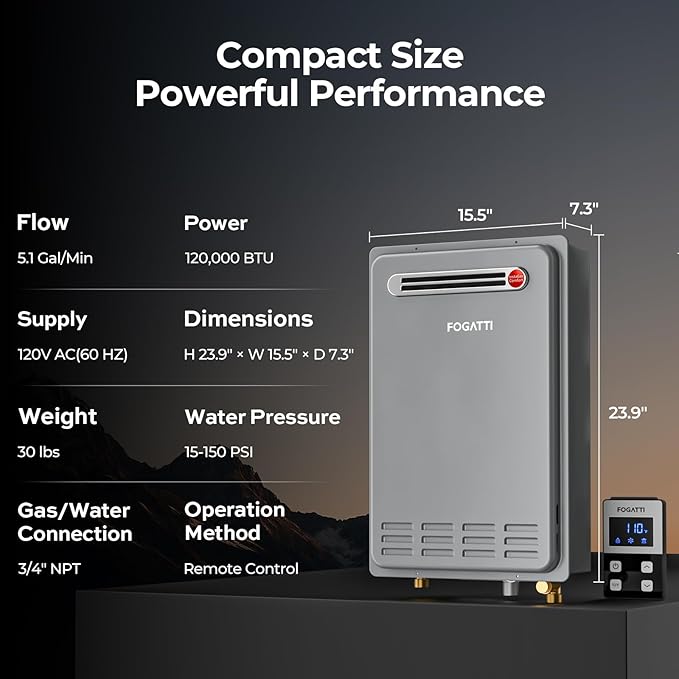FOGATTI Propane Gas Tankless Water Heater Outdoor - Max 5.1 GPM 120,000 BTU, CSA Certified Compact Design On Demand Instant Hot Water Heater - Instagas Comfort 120S Series