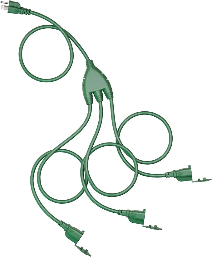 SURAIELEC Outdoor Extension Cord with Multiple Outlets, (5+5+5+5) 20FT Total,10FT End to End, 1-3 Multi Plug Splitter, 16/3C SJTW, for Landscape, Christmas Lights, Halloween Decorations, Green