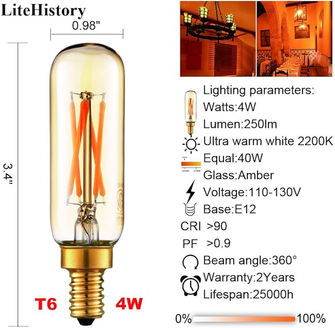 LiteHistory Dimmable T6 led Bulb 40W Candelabra led 2200K Amber 250lm 4W e12 T25 led Bulb 6Pack