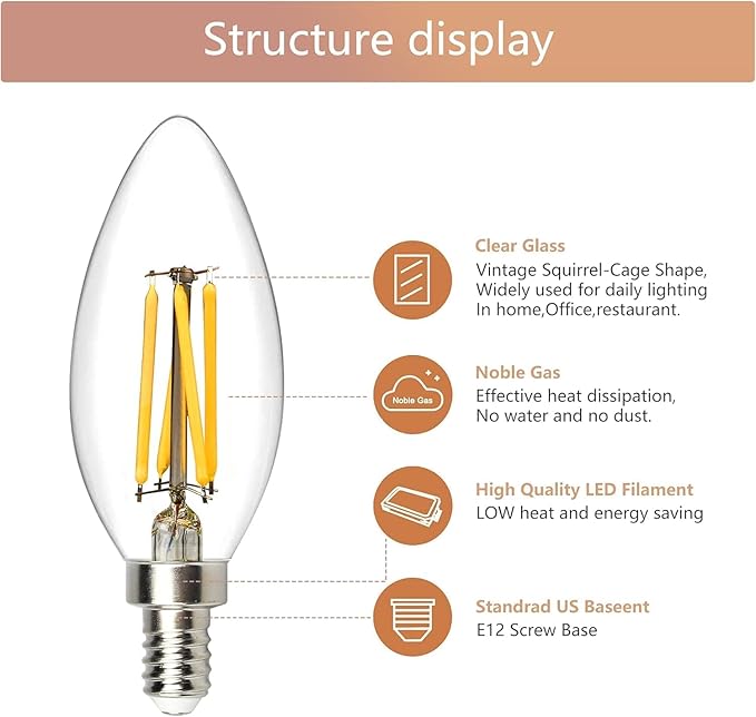 6-Pack E12 LED Candelabra Bulbs,6W 60W Equivalent, 5000K Daylight 600LM Dimmable Edison Bulbs, B10 B11 Clear Vintage Candle LED Bulbs for Chandeliers, High Brightness, Natural White Light
